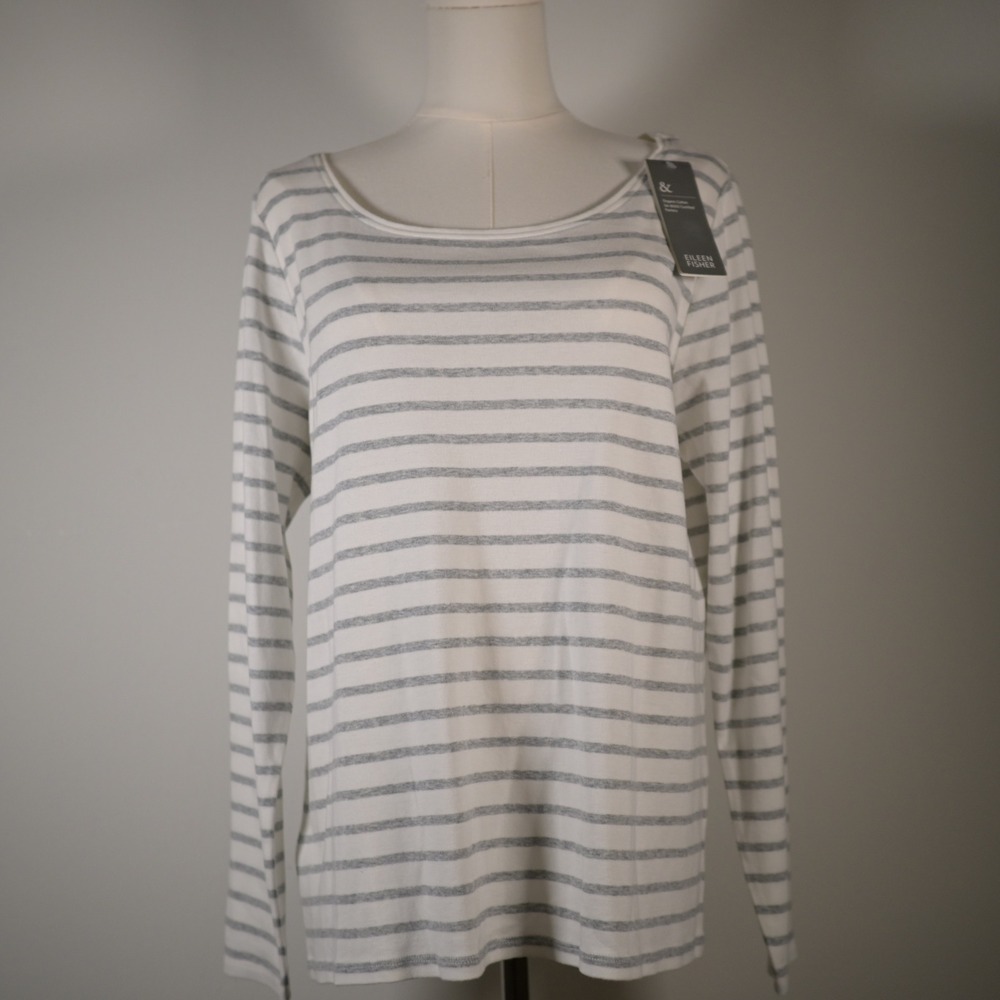 Eileen Fisher Organic Cotton Striped Ballet Neck Tee‎ White Grey L R4CBS-T3300M